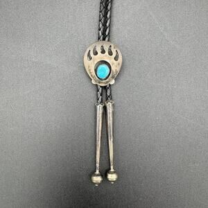 Vintage Navajo Sterling Silver & Turquoise Bear Paw Shadowbox Bolo Tie Leather